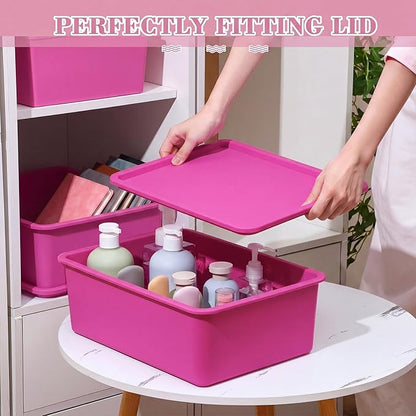 Menkxi 4 Pcs Storage Bins with Lids Plastic Stackable Containers for Organizing Shelves Christmas Ornament Box Baskets(Dark Pink, Light Pink,Large)