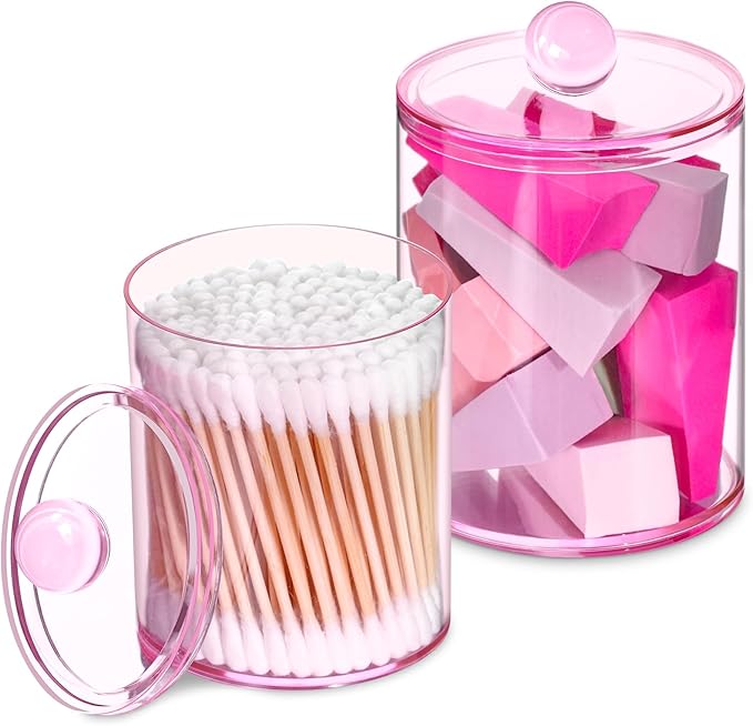 XIPENGKEJI 2 Pack Qtip Holder,Canister Apothecary Jar Set, Bathroom Jars with Lids Set for Cotton Swabs, Balls, Pads, Floss Picks,10oz-12oz Plastic Canisters Restroom Bedroom Vanity Organizer(Pink)
