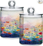 Colorful Flowers Painting Qtip Holder Dispenser with Lids, 2PCS Plastic Food Storage Canisters, Apothecary Jar Containers for Vanity Organizer Storage #557