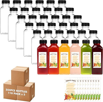 BAKHUK 354pcs 12oz Empty Plastic Juice Bottles with Caps, Plastic Water Bottles with lids, Reusable Clear Bulk Beverage Containers for Juice, Milk and Other Beverages