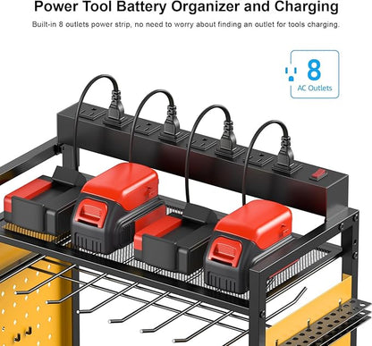 CCCEI Garage Power Tools Organizer Cart with Charging Station, Black Floor Standing Rolling Drill and Tools Battery Storage Cart on Wheels. Yellow Utility Rack Gift for Men, Husband, Father.
