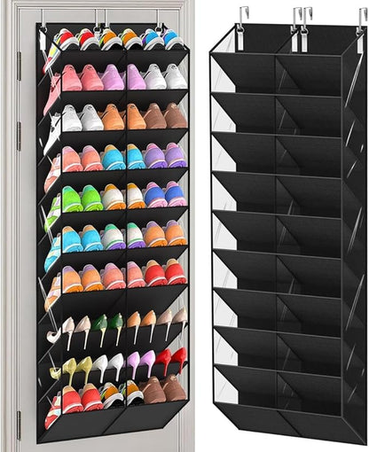 TAKE FIRE Over the Door Shoe Organizer: 10-Tier Clear Pocket Storage for Sneakers, Boots & Heels (20-30 Pairs, Black)