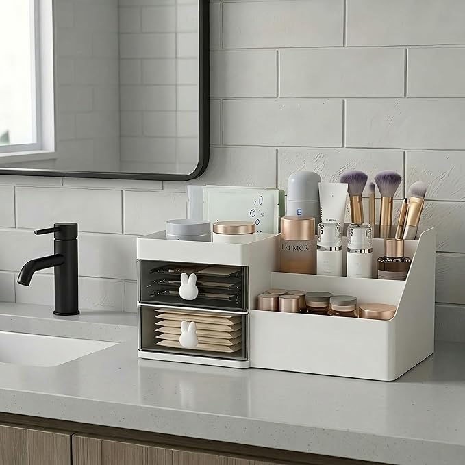 Makeup Organizer With 2 Drawers, Countertop Organizer For Vanity, Bathroom Organizers And Storage, Bathroom And Bedroom Desk Cosmetics Organizer For Skin Care, Brushes, Eyeshadow, Lotions (White)