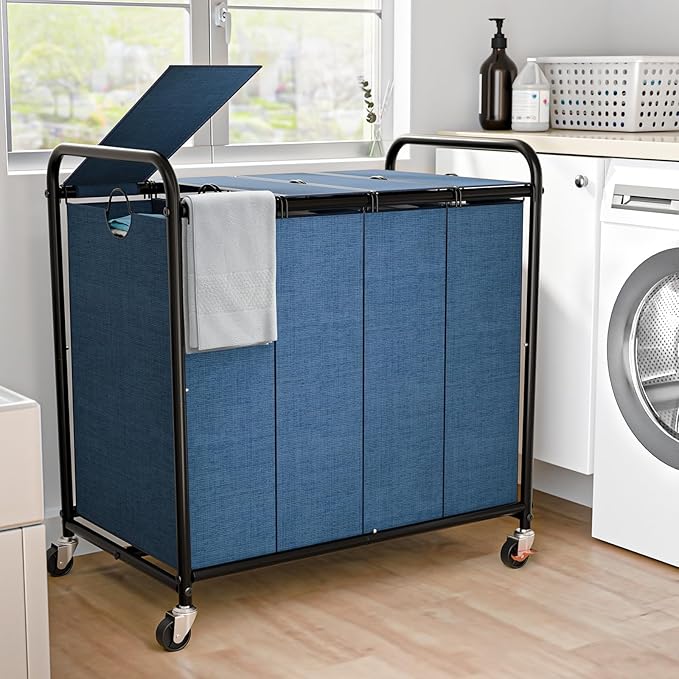 Laundry Sorter 4 Sections 48 Gal, Rolling Laundry Basket with Lockable Wheels and Lid, Laundry Hamper with 4 Separated Removable Bags Dirty Clothes Hamper for Laundry Room Organizer, Blue