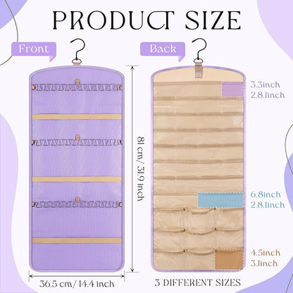 2 Pack Hanging Jewelry Organizer Storage with 39 Pockets, 30 Necklace Hooks Double Sided Wall Mount Earring Holder Organizer Bracelet Necklace Jewelry Display Hanger for Closet Door (Purple)