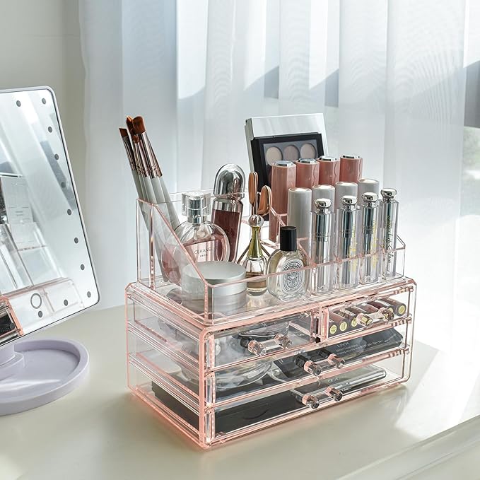 Ikee Design Pink Jewelry & Cosmetic Storage Display Boxes Two Pieces Set, Pink Cosmetic Jewelry Organizer Makeup Holder, Organizer for Vanity