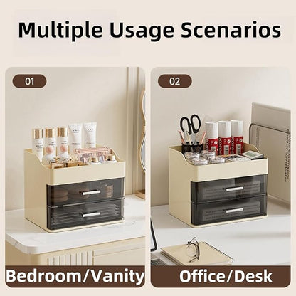 Makeup Organizer for Vanity,Vanity Organizer with 2 Drawers,Makeup&skincare Organizers Countertop,Cosmetic Display Case,Vanity Storage Box(Cream)