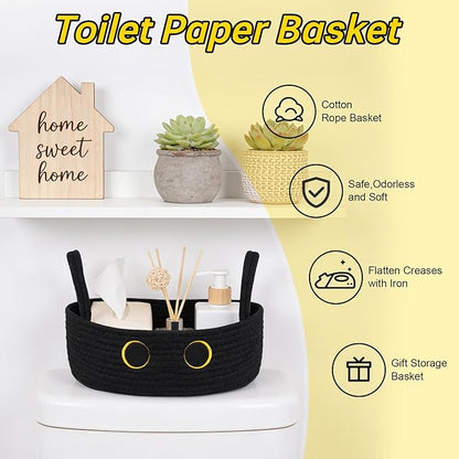 Toilet Black Cat Paper Basket–Cute Cat Oval Woven Bathroom Organizer Toilet Tank Decorative Storage Basket, Shelf Rope Cotton Cat Bin with Handles, Wedding Towel Holder, 13" D x 7.48" H in