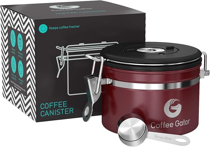 Coffee Gator Coffee Canister, Airtight Kitchen Food Storage Container with Date Tracker, Scoop for Sugar,Grounds Coffee, Bar Accessories, Beans,Tea, Sugar, Cereal, Flour, Cookies Jars (Red, 11oz)