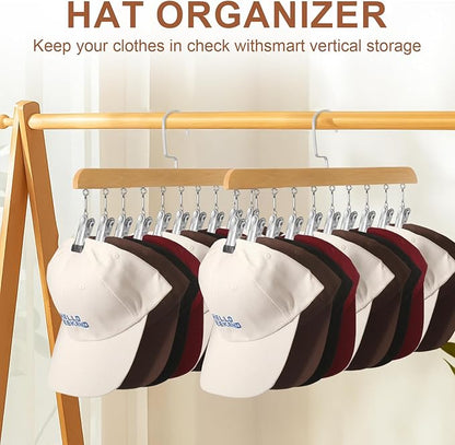 Hat Hangers for Closet, Hat Organizer for Baseball Caps, 2 Pack Hat Rack with 10 Traceless Clips Fits All Caps & Pants, 360° Swivel Big Hook Closet Organizer and Storage (Natural Wood Color)
