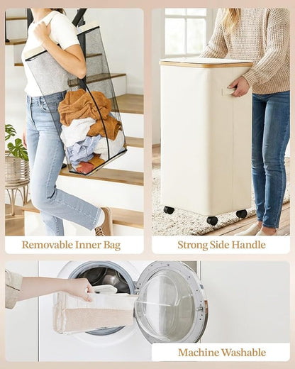 Laundry Hamper with Wheels, 110L Large Clothes Hamper with Removable Inner Bag, Collapsible Dirty Clothes Basket for Dorm, Rolling Dirty Clothes Basket for, Bedroom, Bathroom, Laundry Room