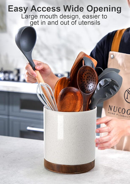 Nucookery 360°Rotating Utensil Holder, 7.2" Large Utensil Crock, White Ceramic Cooking Utensil Organizer,Farmhouse Kitchen Decor Christmas Thanksgiving Gift (Sand)