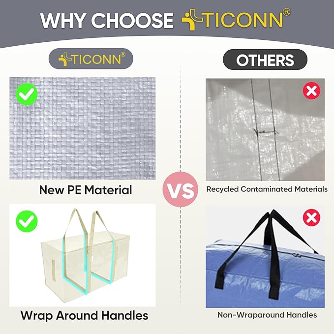 TICONN 6 Pack Extra Large Moving Bags Heavy Duty with Zippers & Carrying Handles, Durable Storage Bags Moving Boxes for Closet Organizers and Storage (6 Pack, Cream)