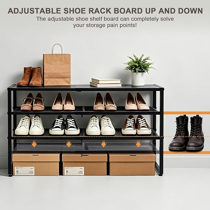 Expandable Shoe Rack,3 Tier Adjustable Metal Shoe Shelf for Closet,Sturdy Free Standing Shoe Storage for Door Entrance,Bedroom,Small Spaces,Black