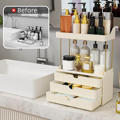StorBin 3 Drawers Bathroom Vanity Organizer Sidesplashes- 5 Tier Makeup Organizer, Versatile Perfume Organizer, Ideal for Bathroom Storage, Vanity, Large Skincare, Perfume, Present, Cream White