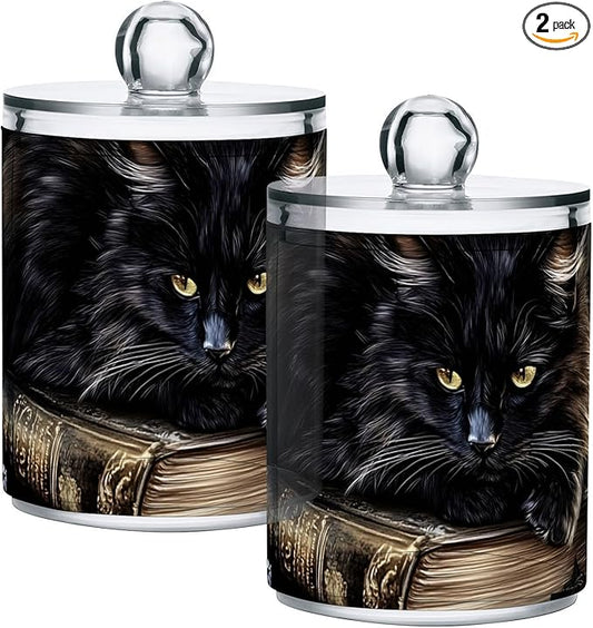 2 Pack Black Cat Gothic Qtip Cotton Ball Holders Dispenser with Lid, Plastic Jars Bathroom Canisters Storage Organizer