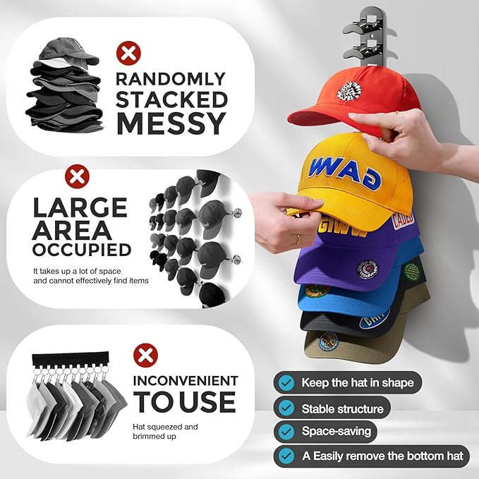 2 Pack Hat Organizer for Baseball Caps, Hat Rack for Wall Hold Up to 20 Hats, Hat Holder with Strong Adhesive and Screws, Hat Organizer Wall Mounted Hat Hanger Display for Door Closet Bedroom(B-Black)