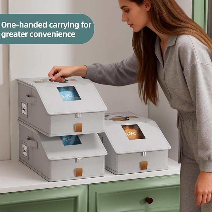FHSQX 3PCS Hat Organizer for Baseball Caps Stackable Storage Bins With Clear Window Lid Holds Up To 36 Caps Space-Saving Hat Boxes for Closet (Light Grey, (17.7 * 9.1 * 7.1in)*3)