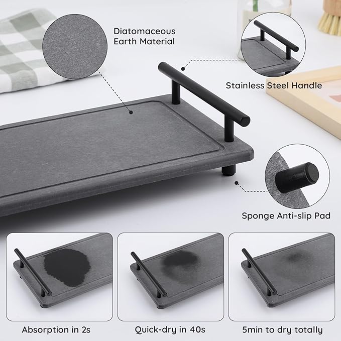 Segbeauty 12x6in Large Vanity Tray, Instant Stone Drying Mat for Bathroom Kitchen Counter, Diatomaceous Fast Dry Soap Organizer With Handle