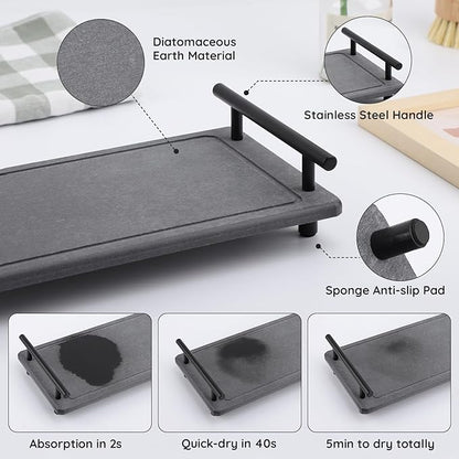 Segbeauty 12x6in Large Vanity Tray, Instant Stone Drying Mat for Bathroom Kitchen Counter, Diatomaceous Fast Dry Soap Organizer With Handle