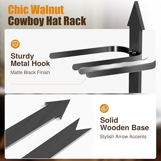 Cowboy Hat Rack, Cowboy Hat Holder Wall Mount Holds up to 4 Hats, Wooden Western Rustic Metal Cow boy Hat Hanger with Arrow Sign Board, Hat Rack for Western Hats, Fedora, Sun Hats (Black-1 Pack)