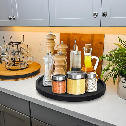 Black Wooden Lazy Susan Turntable Organizer Cabinet Round Bathroom Vanity Rotating Tray 10" Small Lazy Susans for Dining Table Top Kitchen Countertop Decor Tray Wood Lazy Susan Coffee Bar Accessories