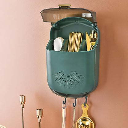 Cutlery Holder, Chopstick Holder Wall Mounted Utensil Rack 3 Compartments Draining Utensil Storage with Cover for Cutlery(Green)