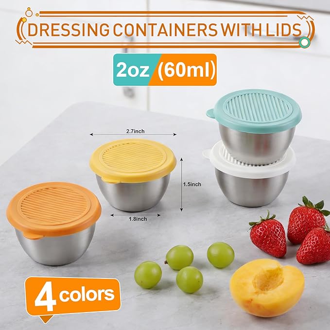 Ninsula 2oz Small Salad Dressing Containers To Go, 4 Pack Condiment Containers with lids, Stainless Steel Small Sauce Cups for Kitchen, School, Office, Picnic