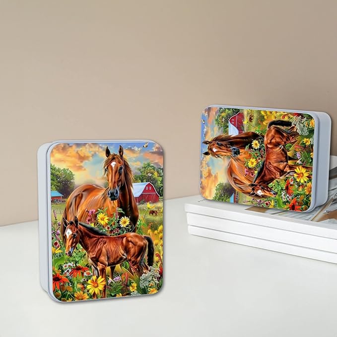 Metal Tin Box with Lid for Game Cards Home Organizer Candles Keys Crafts Storage - Equipped with 4 Magnetic Cord Clips，Horses and flowers