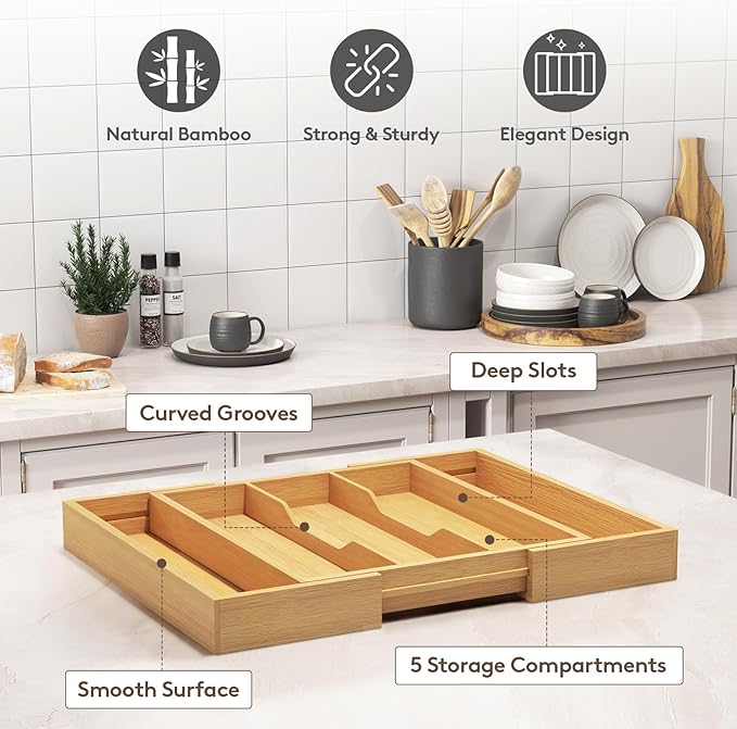 Lifewit Utensil Organizer for Kitchen Drawer, Expandable Cooking Utensil Tray, Cutlery Silverware Flatware Holder, Wood Adjustable Spatula Tools Storage Divider, 13-22x15/ 33-56x38cm, Natural