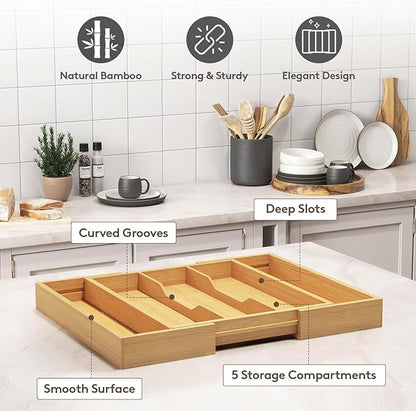 Lifewit Utensil Organizer for Kitchen Drawer, Expandable Cooking Utensil Tray, Cutlery Silverware Flatware Holder, Wood Adjustable Spatula Tools Storage Divider, 13-22x15/ 33-56x38cm, Natural