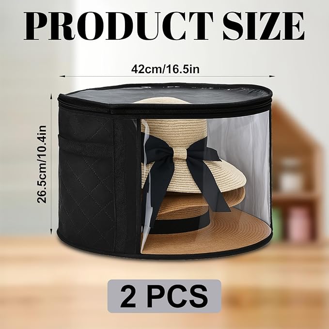 AceOrbit 2 Pcs Oversized Clear Hat Storage Box for Women 16.5 x 10.4 Inch Cowboy Hat Storage Box with Lid Hats Bags for Travel Holds up to 7 Caps (Black,Classic Style)