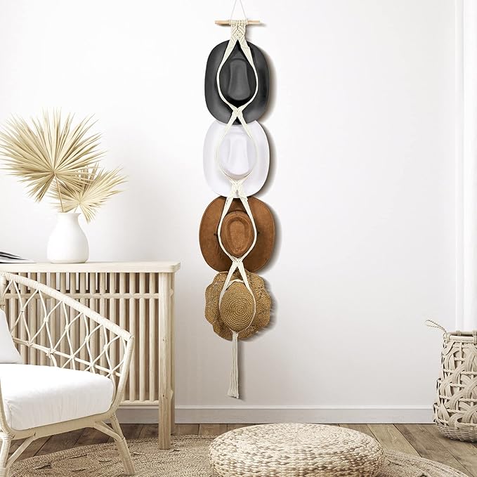 Yulejo Macrame Hat Hangers Racks Boho Cowboy Hats Holders Western Display Organizer Storage decor Back of Door for Wall(White,Four Hats Style)
