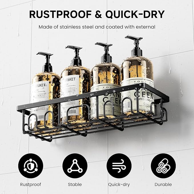 Shower Caddy, 5 Pack Shower Shelves for Inside Bathroom, Rustproof Adhesive Bathroom Organizer with Soap Holder, No Drilling Washroom Organizers and Storage for Bathtub Room/Kitchen/Home, Black