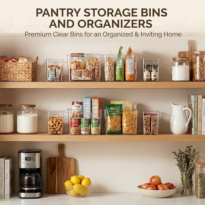 MOONEDGE 8 Pack Modular Clear Plastic Storage Organizer Bins – 4 Large & 4 Narrow, Nestable Space-Saving System for Pantry, Kitchen, Fridge, Bathroom & Cabinet Organization - Versatile & Easy to Use