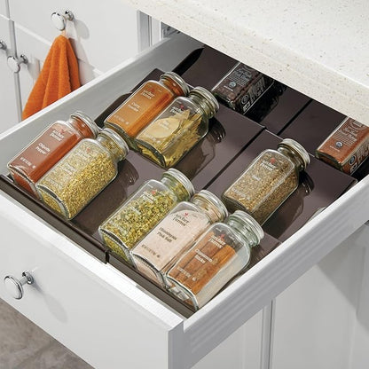 mDesign Expandable Plastic Deluxe Spice Rack, Drawer Organizer for Kitchen Cabinet Drawers, 3 Tier Slanted for Spice Jars, Food Seasoning Bottle Storage, Ligne Collection - Bronze