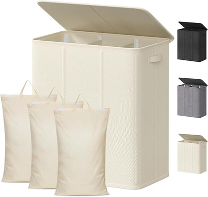 Lifewit Triple Laundry Hamper with Lid and Removable Laundry Bags, Large Collapsible 3 Dividers Dirty Clothes Basket with Handles for Bedroom, Laundry Room, Closet, Bathroom, College, 160L White