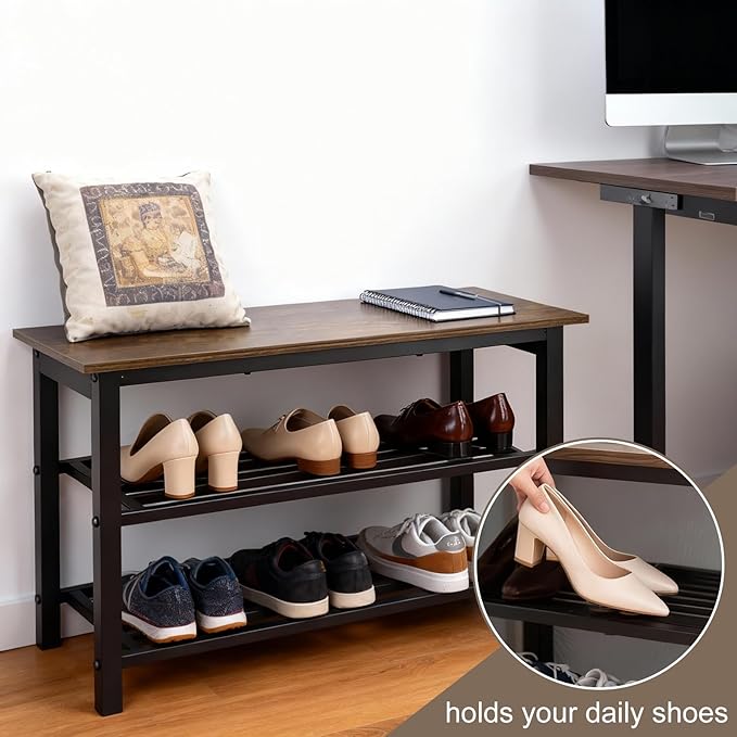 3-Tier Shoe Rack Bench, Shelf Storage Bench w/h Metal Shelves and Seat, Free Standing Shoe Organizer for Entryway, 11 x 27.2 x 17.2 Inches Shoe Bench, Brown & Black