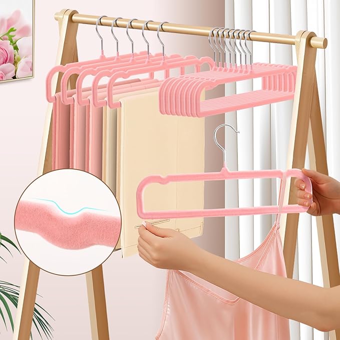 14 Inch 30 Pack Velvet Pants Hangers Non Slip,Slim Felt Jean Hangers with 10 Hooks and 2 Clips,Strong Durable Thin Space Saving Clothes Hanger with 360°Swivel Hook for Shorts,Skirts Bra(Pink)