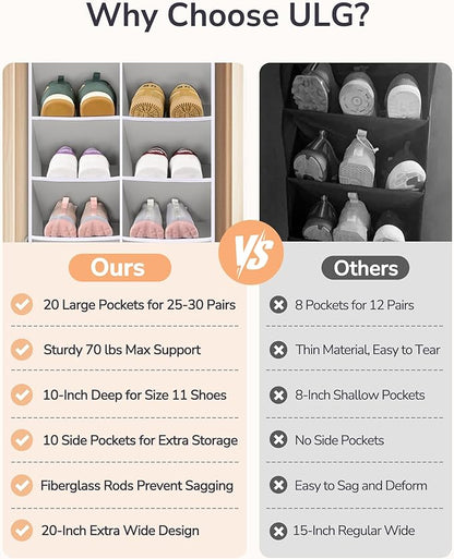 ULG Over The Door Shoe Organizer for Closet Fit 24-32 Pairs with Large Deep Pockets, Narrow Shoe Rack for Door Hanging Boots Storage, Black