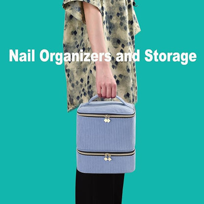 CTWWFS Corduroy Nail Polish Organizer and Nail Lamp Case, Nail Kit Organizer Holds 30 Bottles (15ml - 0.5 fl.oz) and a Nail Lamp, Nail Polish Carrying Case with Manicure Tools Storage Sections (Blue)