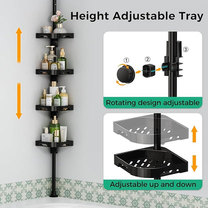 shuang qing 4-Tier Corner Shower Caddy Tension Pole Organizer - Adjustable Rustproof Metal Tension Pole, Plastic Shelves with Safety Guardrail, Bathroom Storage for Shower & Bathtub(Black)