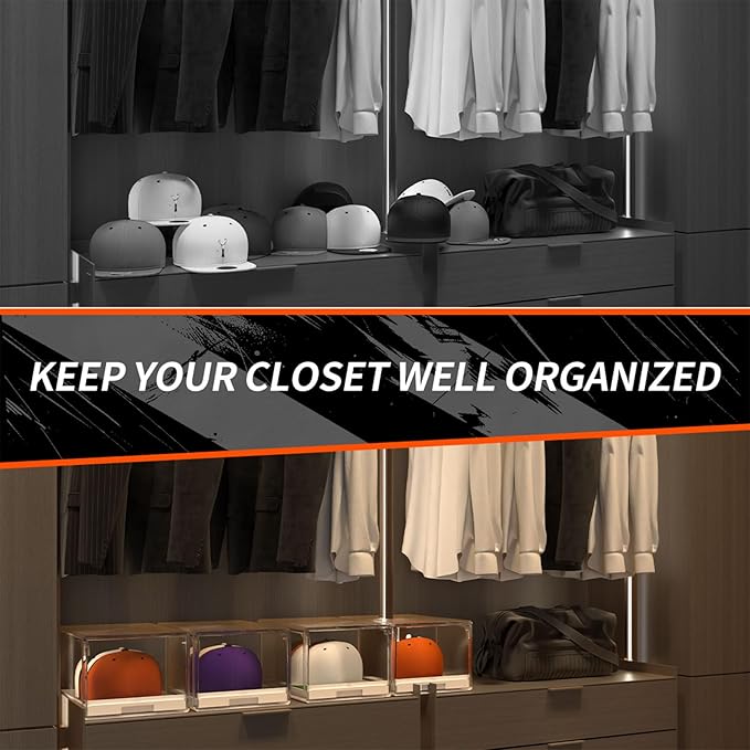 2 Pack Hat Organizer for Baseball Caps, Clear Hats Holder Box with Drawer for Closet, Large Cap Storage with Sliding Tray, Stackable Rack Display Case with Magnetic Door, Each Holds 12 Hats