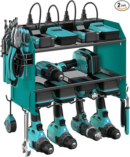 CCCEI Modular Power Tool Organizer Wall Mount with Charging Station. Garage Drill Storage Shelf with Hooks, Heavy Duty Rack, Tool Battery Holder Built in 8 Outlet. Gift for Men. Navy Blue, 2 Pack.