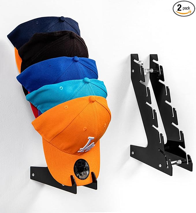 HAYVAN Hat Racks for Baseball Caps Set of 2 - Wall Mount or Stand Up - Hold Up to 10 Caps - Acrylic Hat Display and Storage for Bedroom, Closet, Dresser, Entrance (Black)
