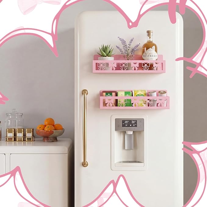 Beeveer 2 Pack Sweet Bow Magnetic Spice Rack for Refrigerator Metal Magnet Basket Shelf for Fridge Seasoning Storage Organizers Home Decor Kitchen Accessories (Pink)