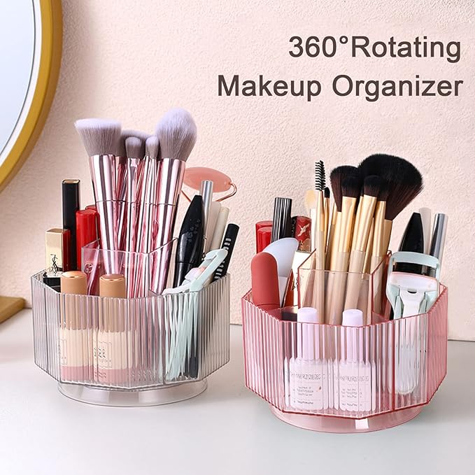 LINFIDITE 360°Rotating Makeup Brush Holder Cosmetic Display Case Clear Makeup Lip Gloss Organizer Case with 5 Slots Round Turntable Storage Tray for Vanity, Bathroom, Counter Organizer Clear White