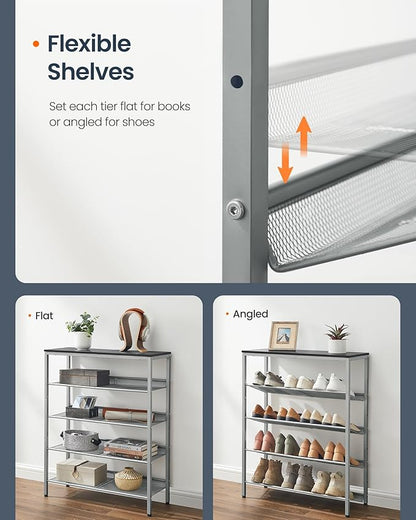 SONGMICS HOME 5 Tier Shoe Storage Organizer, Freestanding Shoe Rack, Dense Mesh, for Living Room, Bedroom, Entryway, Gray and Silver