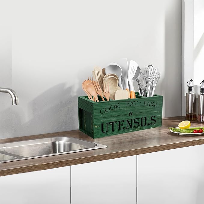 Suli Extra Large Kitchen Utensils Holder with 4 Compartments (Green)