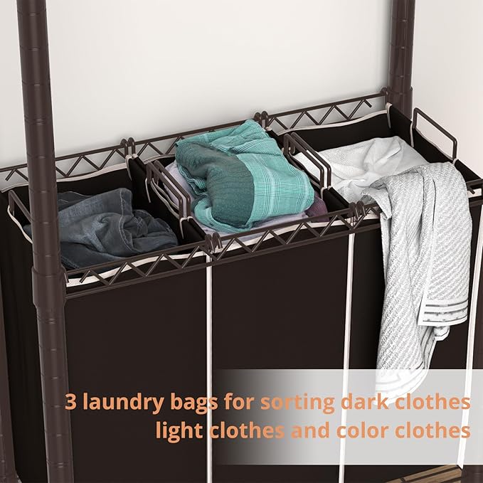 Hodonas 3-Section Laundry Sorter With Hanging Bar, Rolling Hamper Cart, Basket Organizer, Hanging Rack, Lockable Wheels and Removable Bags for Clothes Storage, Espresso